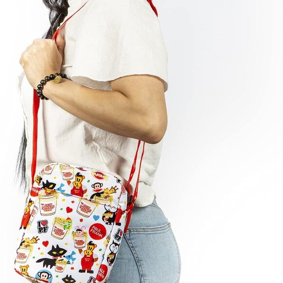 White Crossbody Bag with Cartoon Pattern, Zipper Closure, Shoulder Strap, 2 Comp - Picture 2 of 8